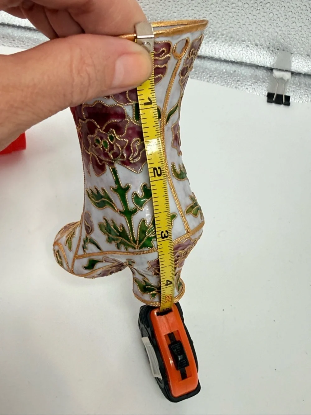 Floral Cloisonné Decorative Boot Vase - White with Pink & Green